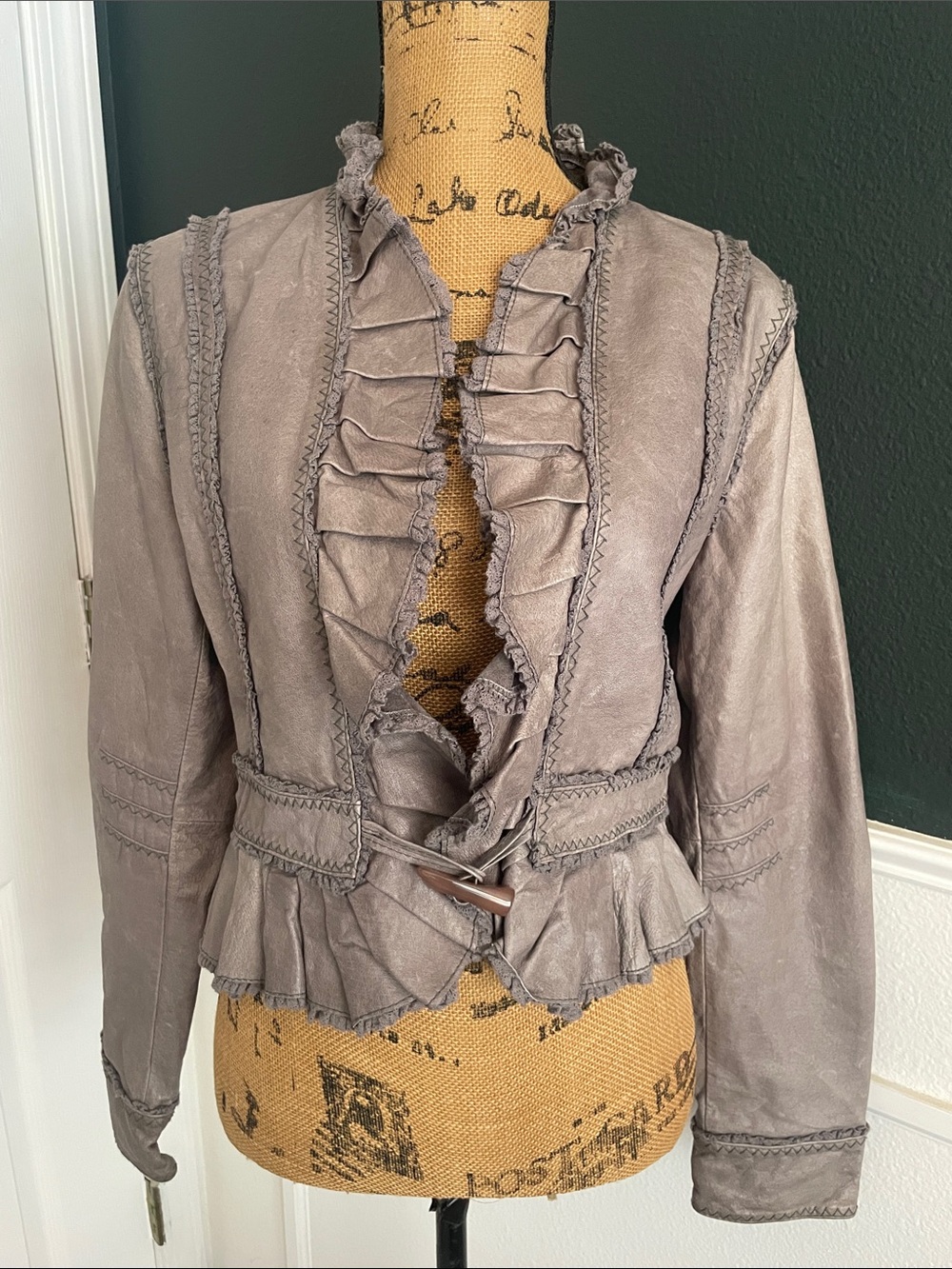 Moda International Gray Ruffled Leather Jacket